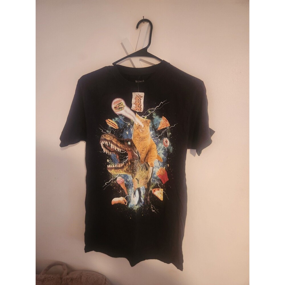 Spencer's Space Cat Riding T-Rex Graphic Tee - Black - Size Small (NWT)